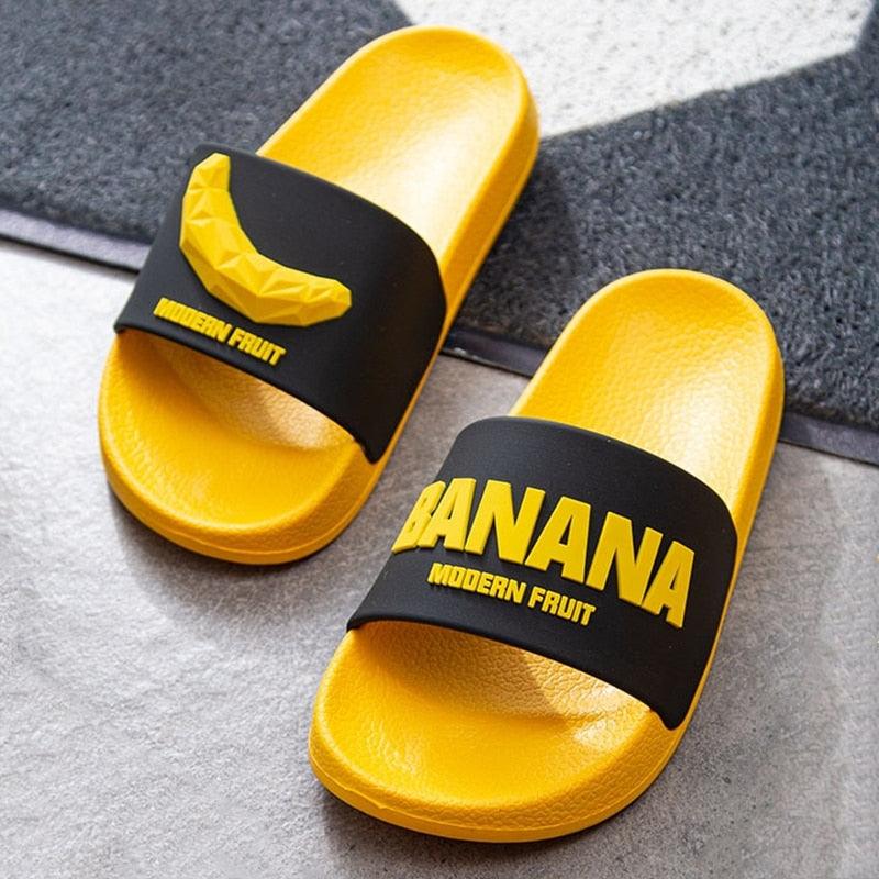 Women's yellow banana print indoor bathroom slippers with elastic strap and non-slip sole