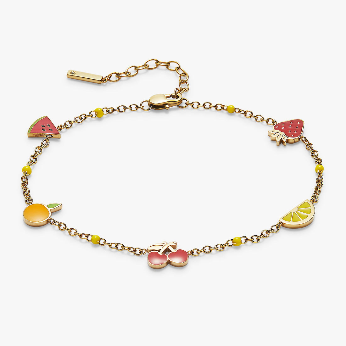 Gold-plated anklet featuring colorful enamel fruit charms including citrus and watermelon.