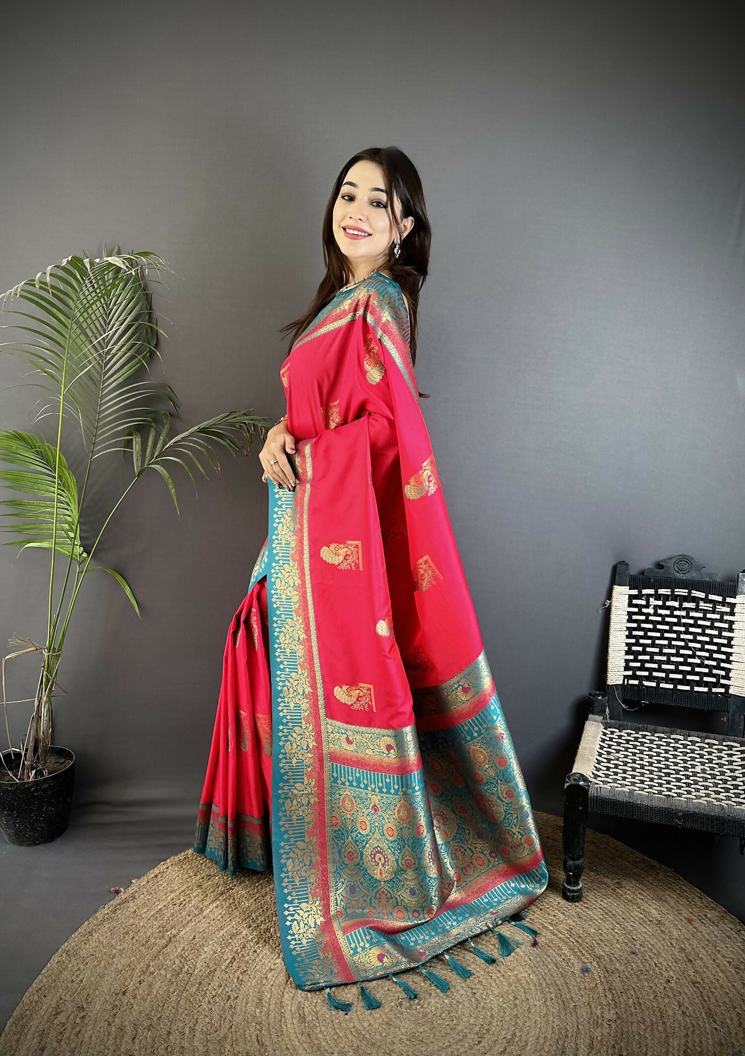 Hot Pink Banarasi Soft Silk Saree with Peacock Butta