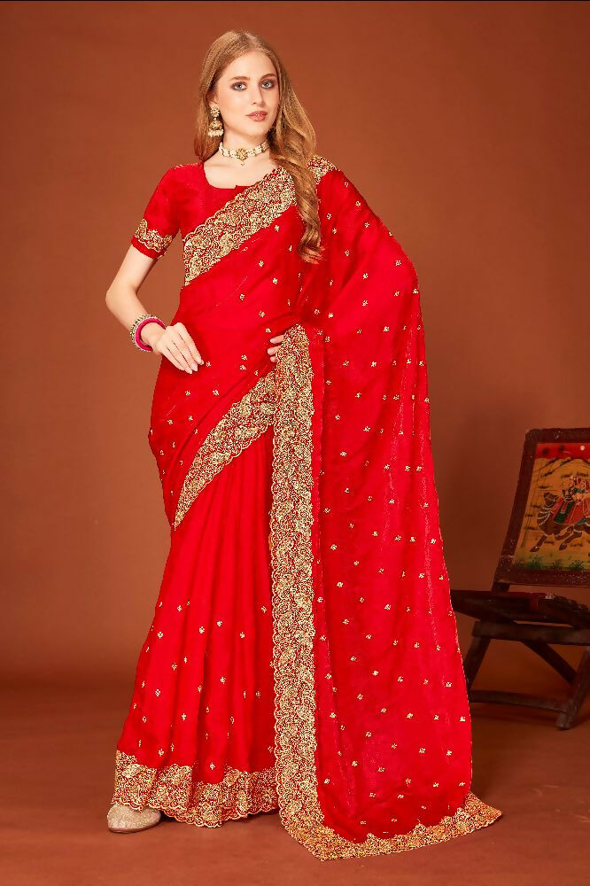 Red Fendi Two Tone Silk Saree with Heavy Zari & Siroski Work