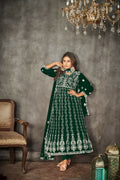 Green net embroidered Anarkali kurta with matching pants and dupatta