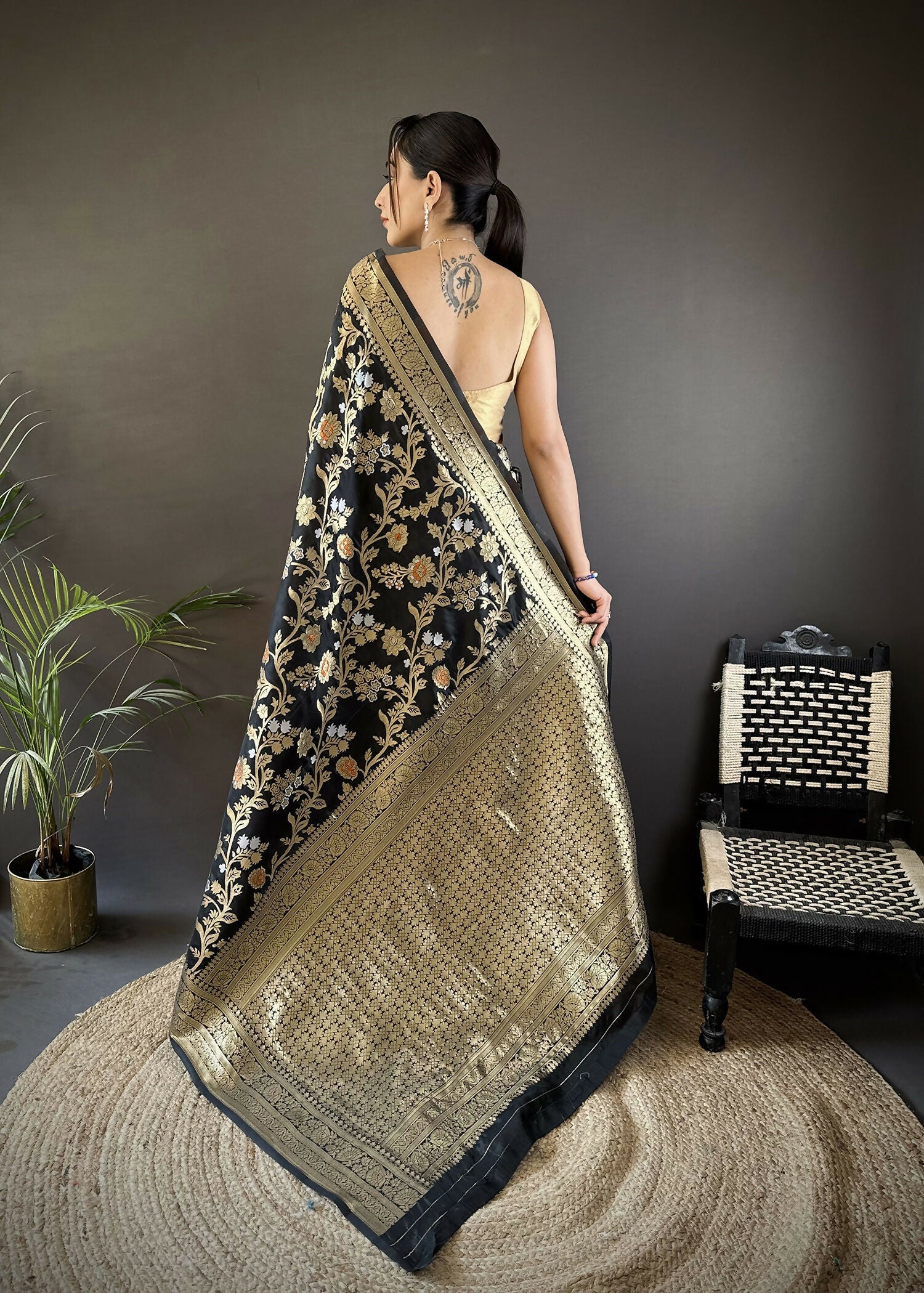 Black Soft Silk Meenakari Banarasi Saree with Floral Motifs