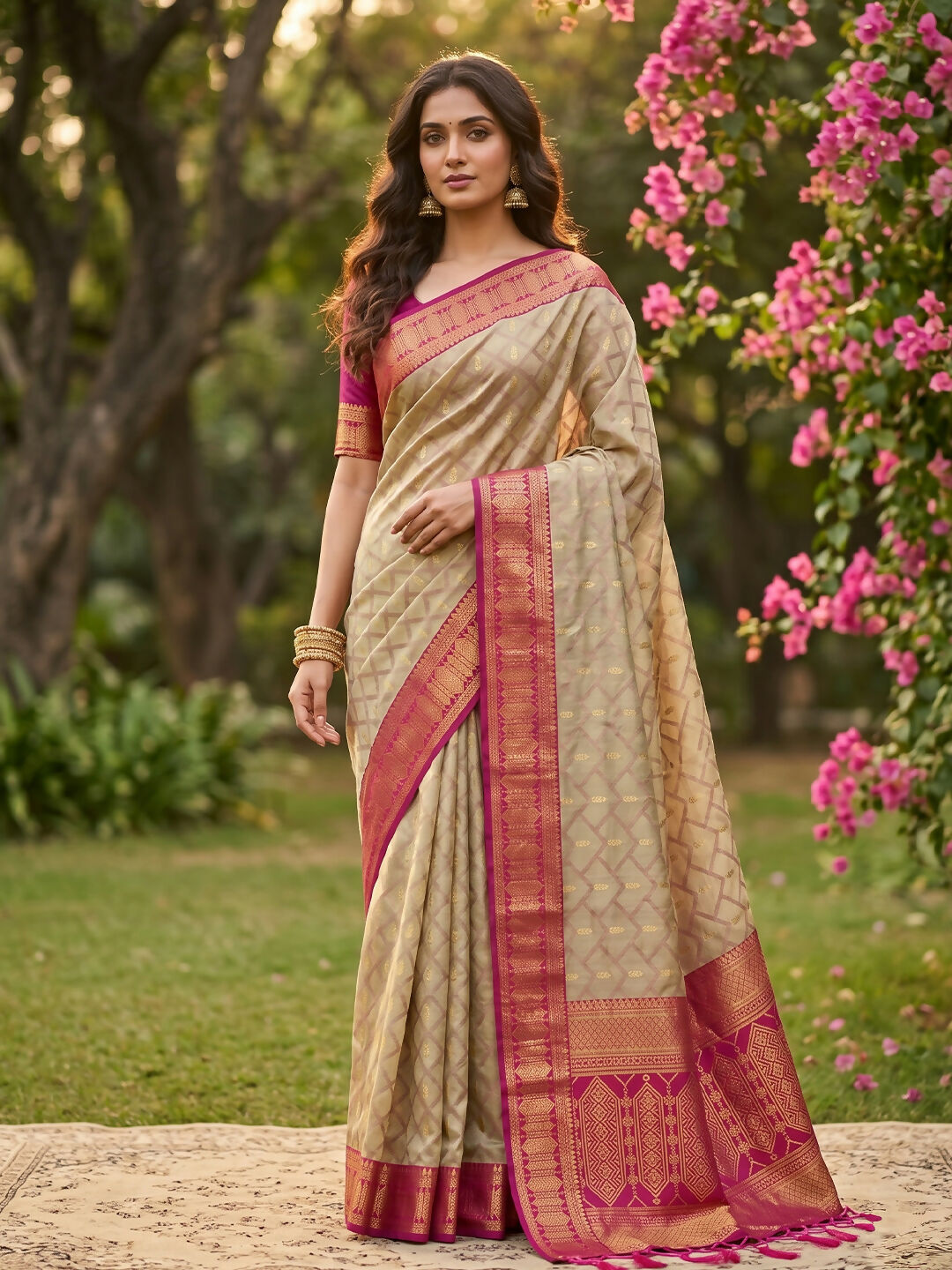 Elegant Chiku and Pink cotton saree featuring a soft fabric blend