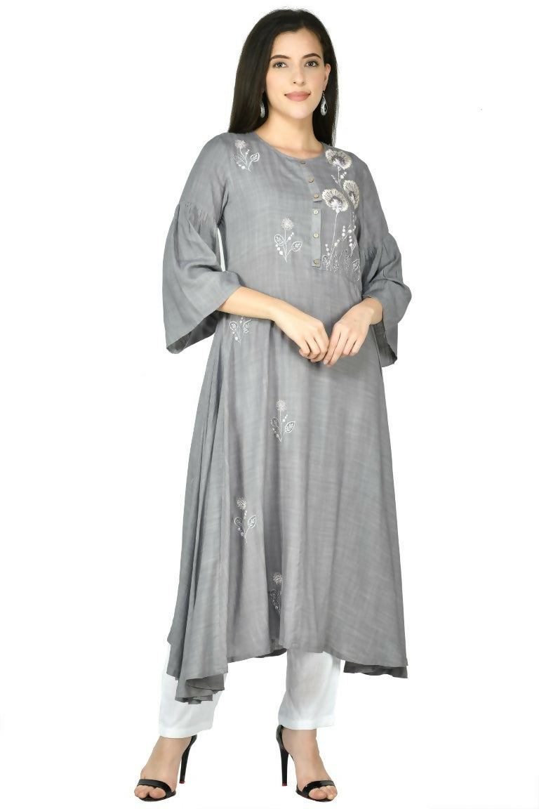 A stylish grey 2-piece cotton rayon kurta set for women