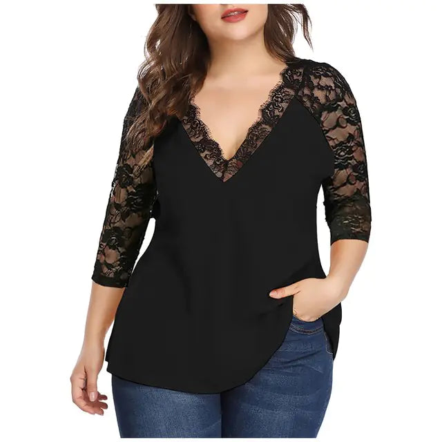Women's V-Neck Lace Patchwork Blouse with Three-Quarter Sleeves - Image 10