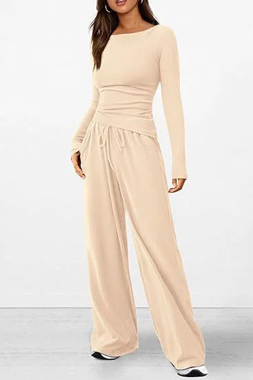 Women's Long Sleeve Top and Wide Leg Pants Two-Piece Set - Image 3