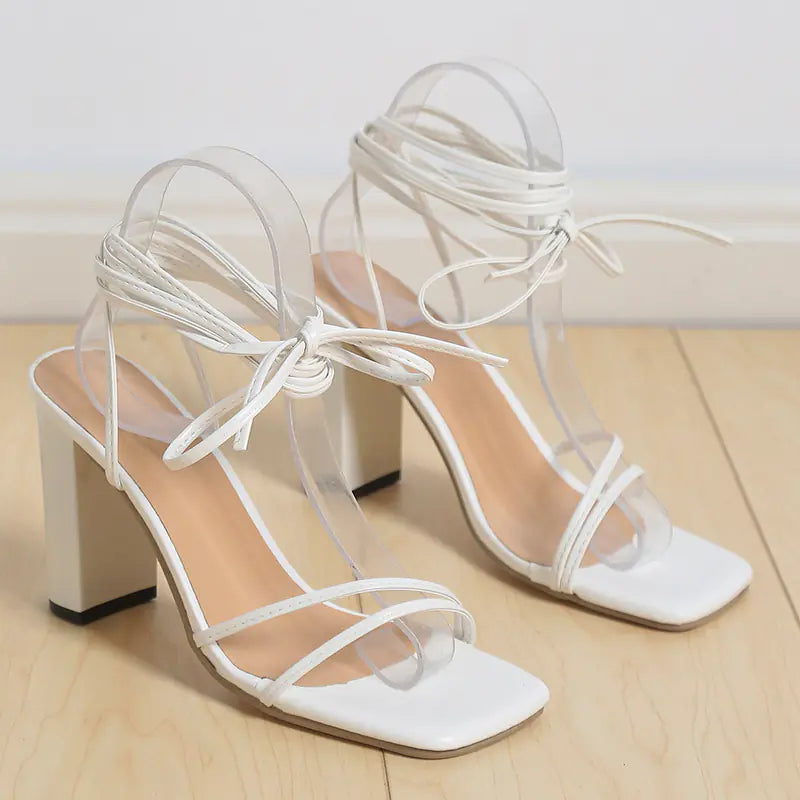 Women's Square Toe Strappy High Heels Lace Up Sandals - Image 17
