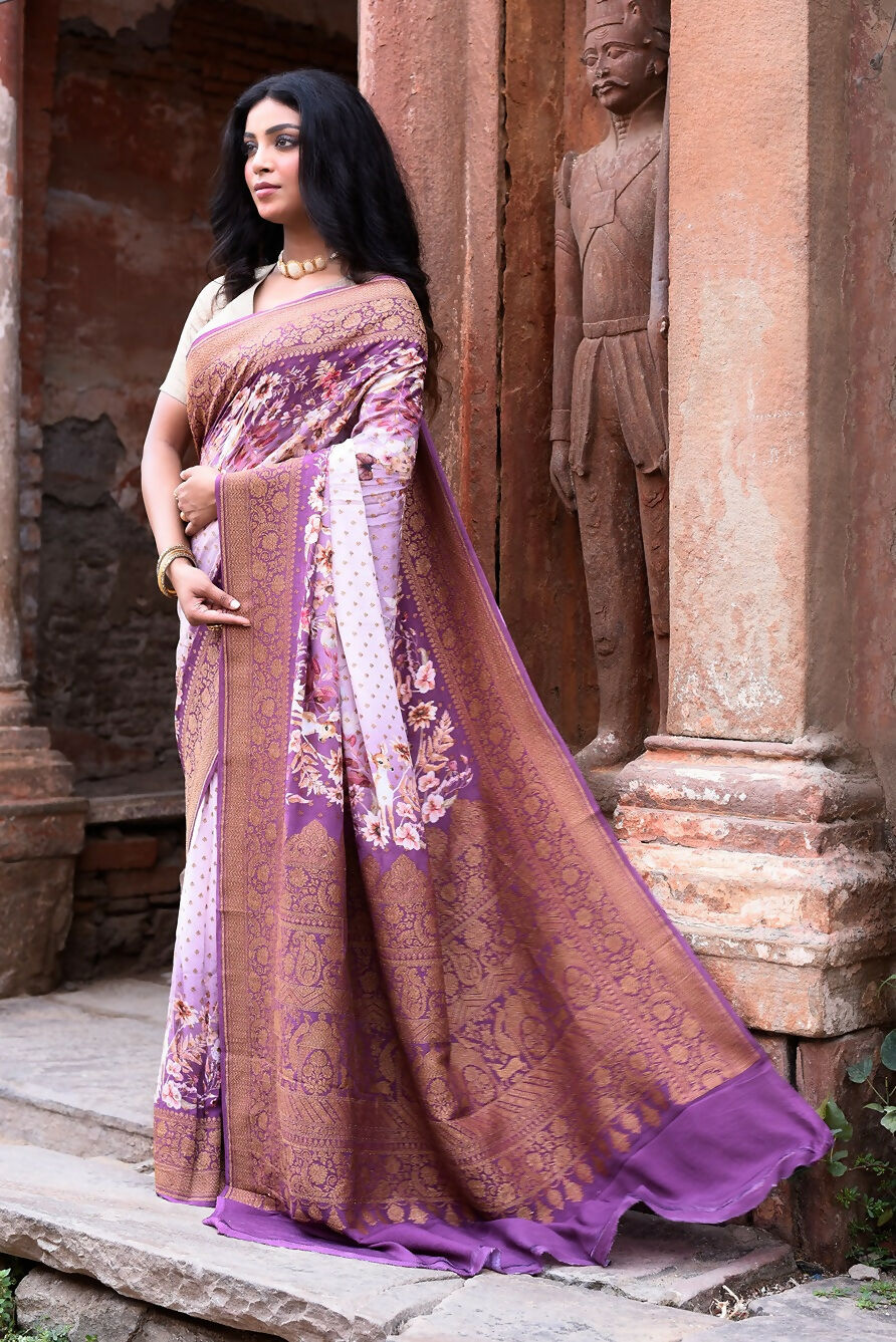 Dark and Light Lilac Crepe Chiffon Banarasi Silk Saree