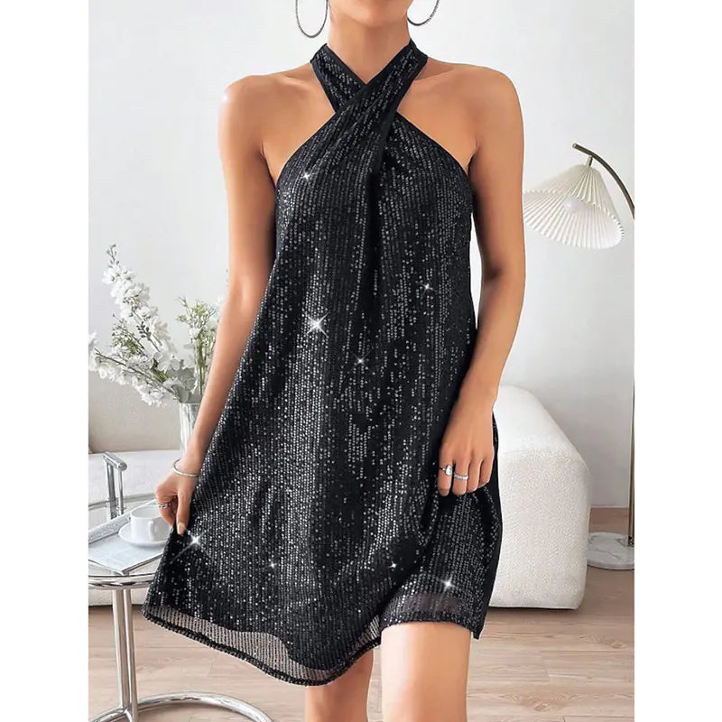 Women's Sparkling Sequin Halter Mini Dress for Party Nights - Image 9