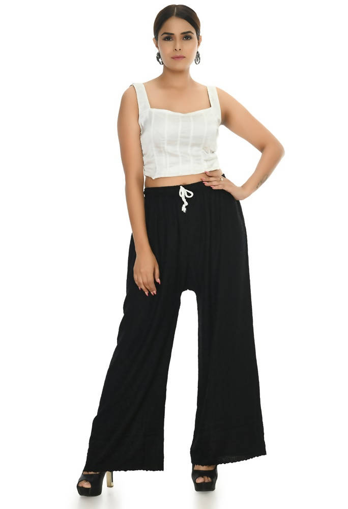 Black Chikankari Work Palazzo Pants in Rayon Cotton