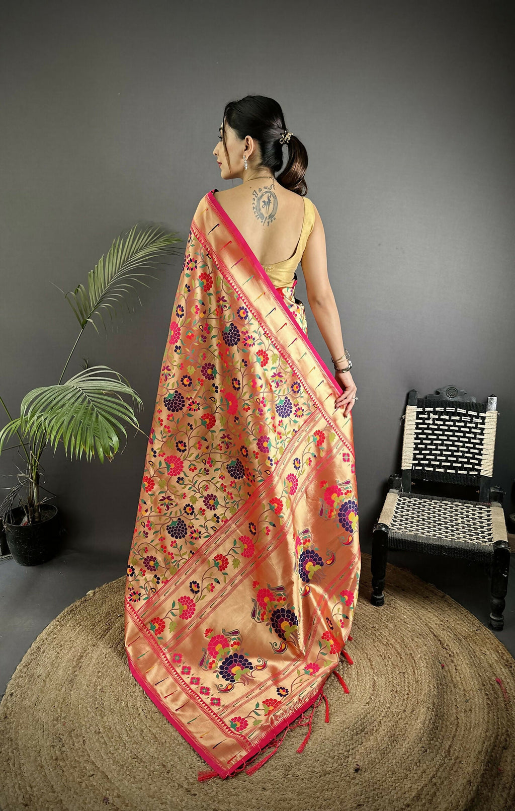 Golden-Orange Soft Silk Paithani Saree with Intricate Floral Motifs
