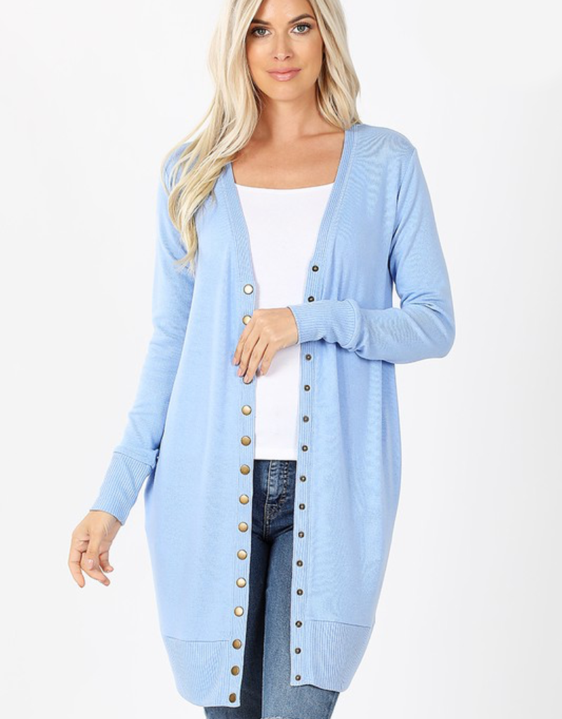 Spring Blue long-sleeve cardigan with snap-front closure