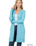 Milky blue long sleeve snap-front cardigan displayed on a mannequin.