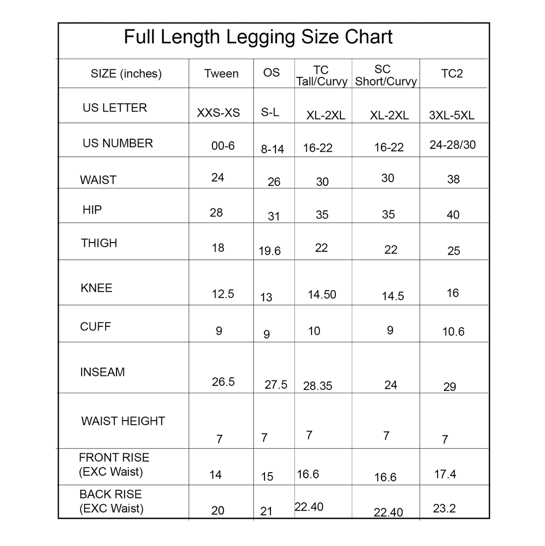 Full length legging size chart with measurements for various sizes.