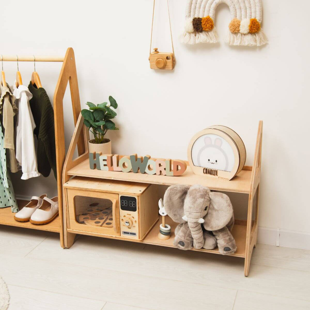 3-piece Montessori-inspired toddler playroom furniture set including a minimalist bookshelf and seating.