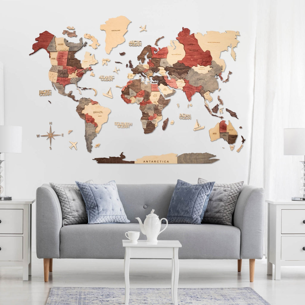 3D Wooden World Map Wall Art: Modern Minimalist Travel Decor