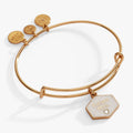 Future Mrs. expandable wire bangle in gold with a white pearlized enamel charm and a small clear crystal heart.
