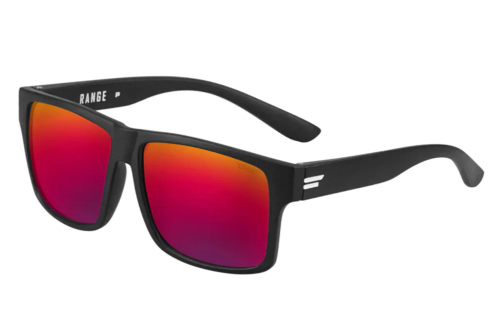 Exclusive Purple Fuze Mirrored Lens Polarized Sunglasses with a vibrant purple-pink reflective finish.