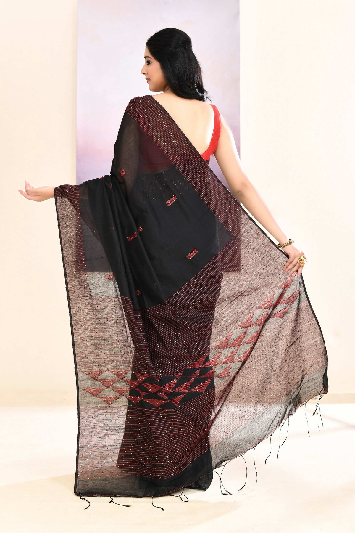 Black Jamdani Cotton Blend Saree with Sequins