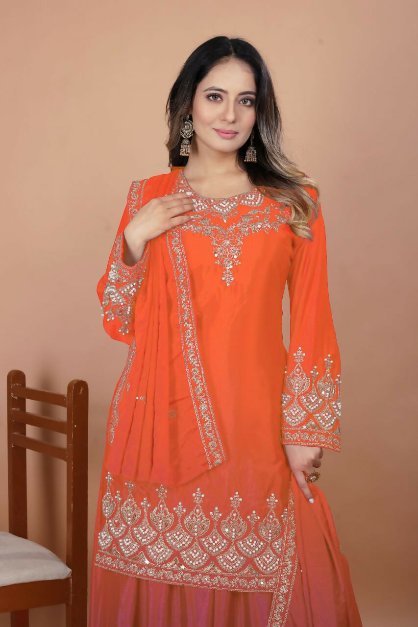 Orange Silk Embroidered Sharara Set for Women