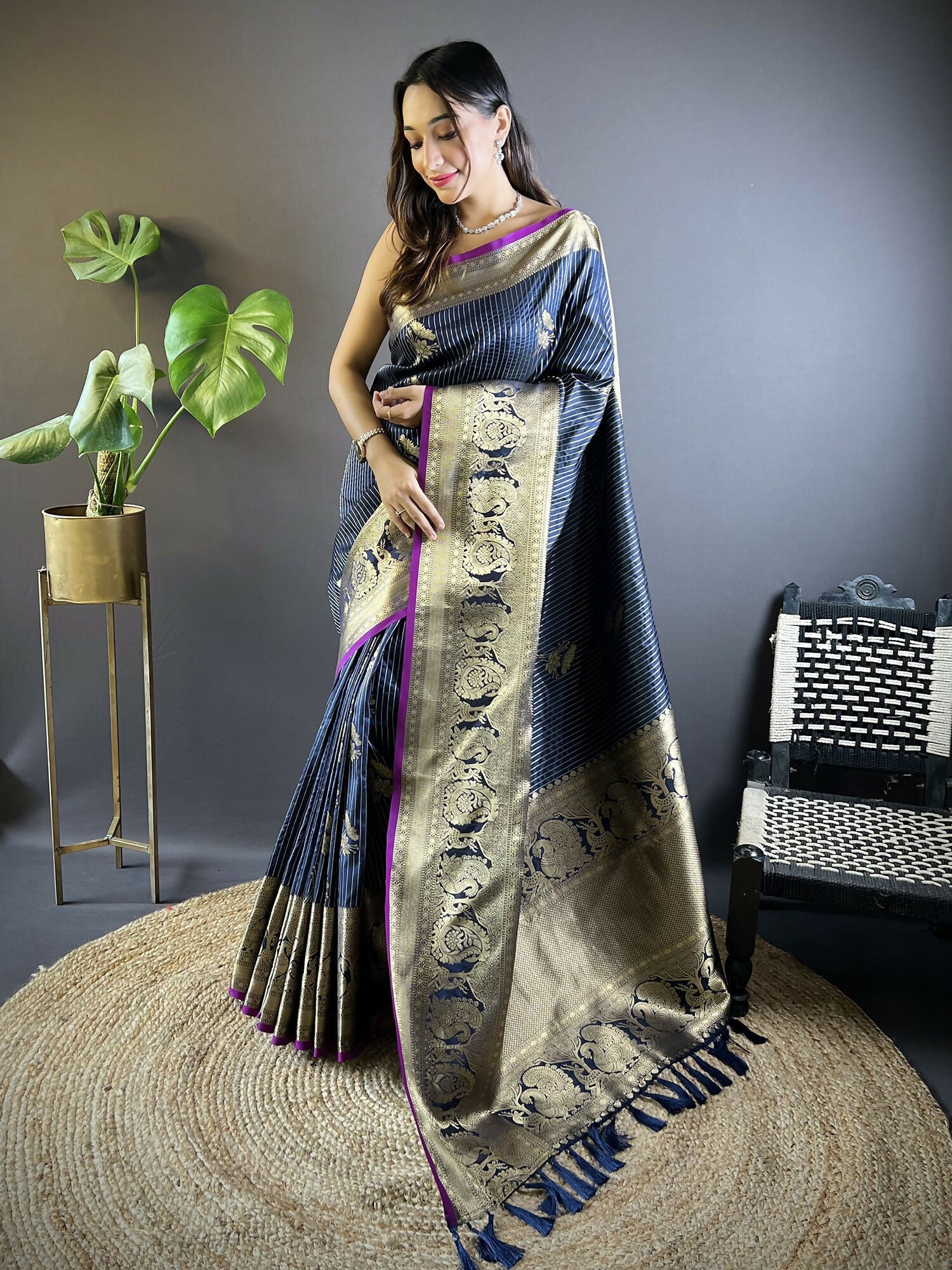 Navy Blue Striped Soft Silk Leheriya Saree with floral motifs and matching blouse piece