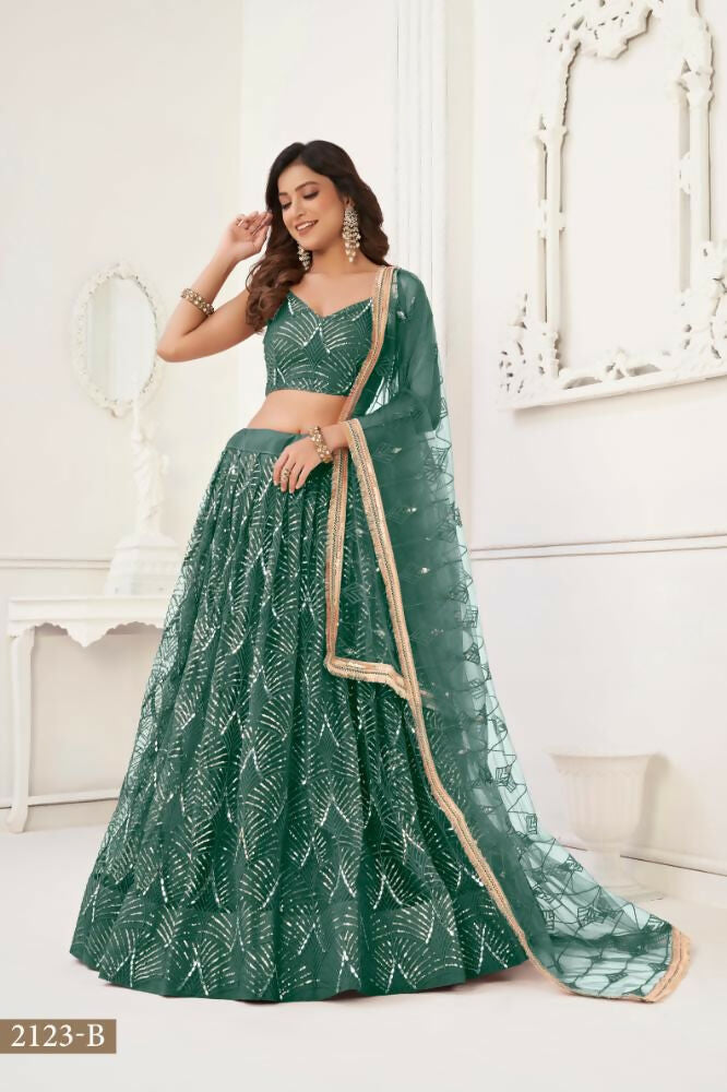 Bottle Green Butterfly Net Lehenga with Mirror and Sequence Work