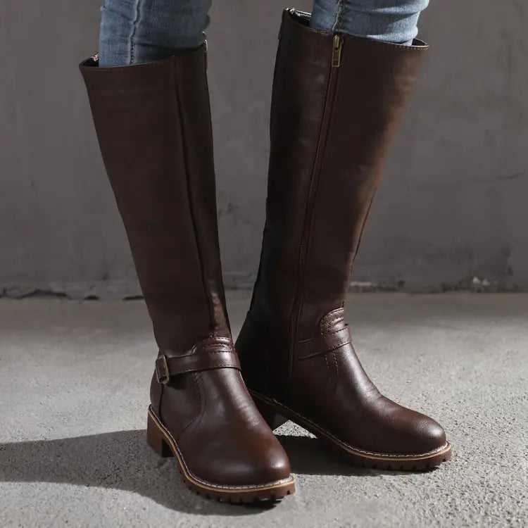 Women's Retro Knee-High Boots with Buckle and Low Block Heel - Image 28