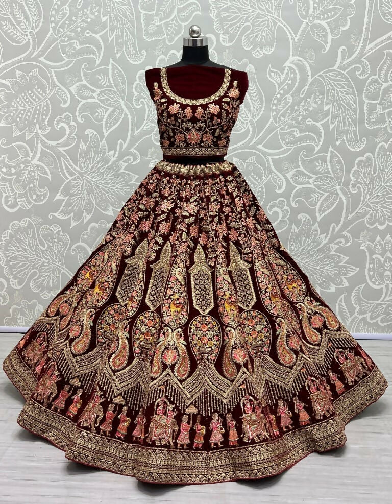Maroon Velvet Wedding Lehenga Choli with Zircon Diamond Work