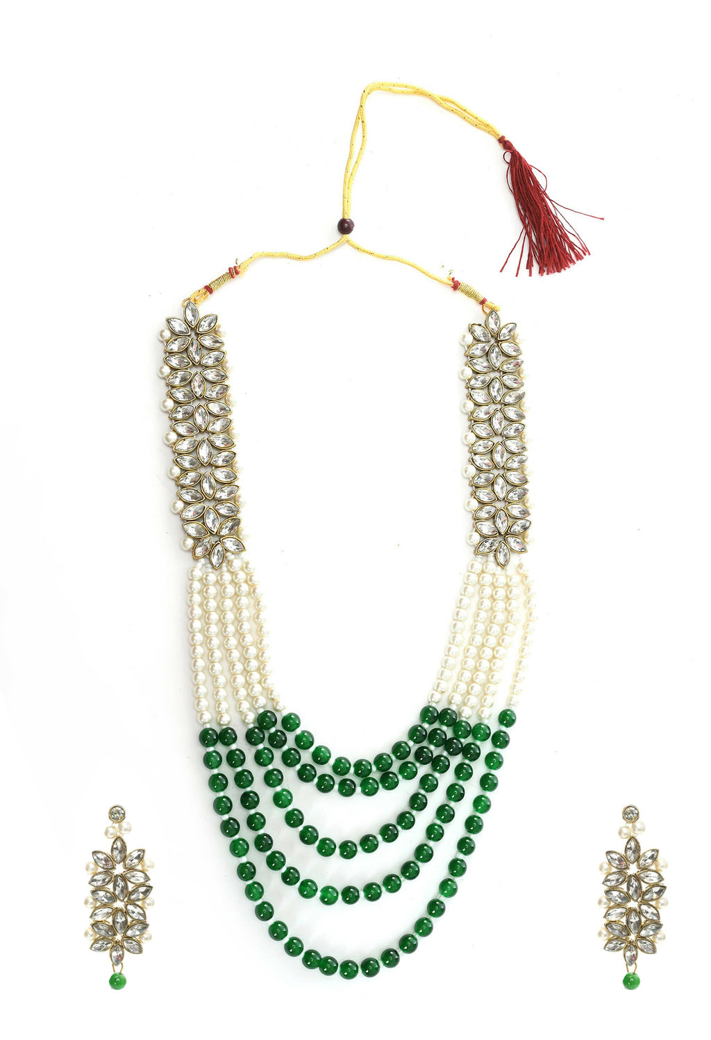 Johar Kamal Gold-Polished Rani Haar Necklace with Green & Off-White Pearls