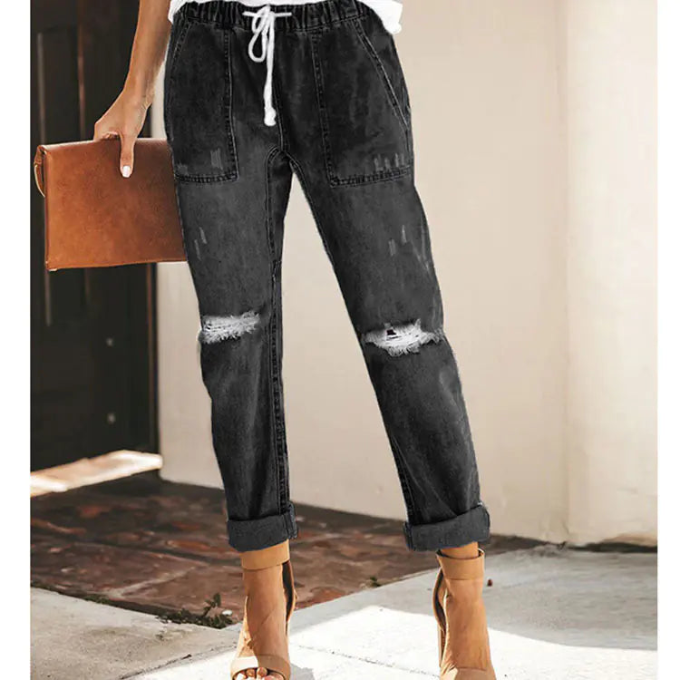 Women's Straight Leg Ripped Jeans with Drawstring Waist - Image 14