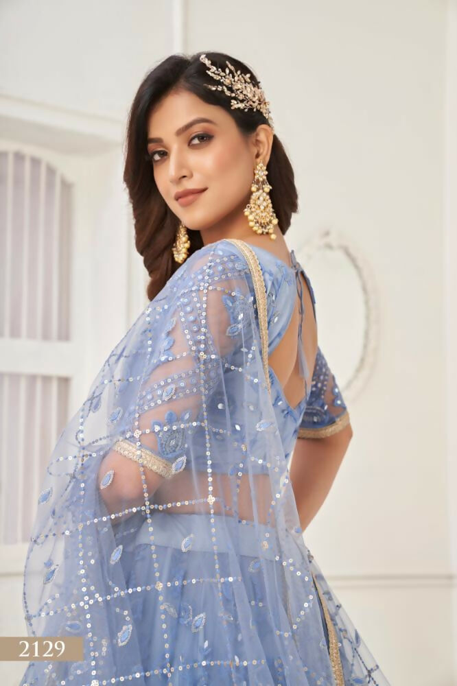 Neon Blue Butterfly Net Lehenga with Mirror Handwork and Sequence