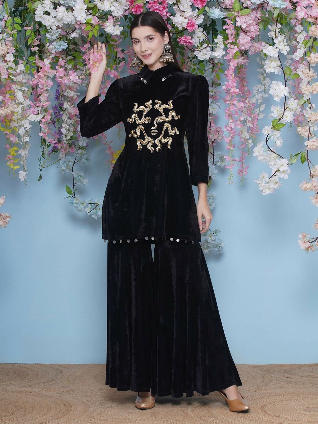 Black Velvet Sharara Set with Maroon Accents