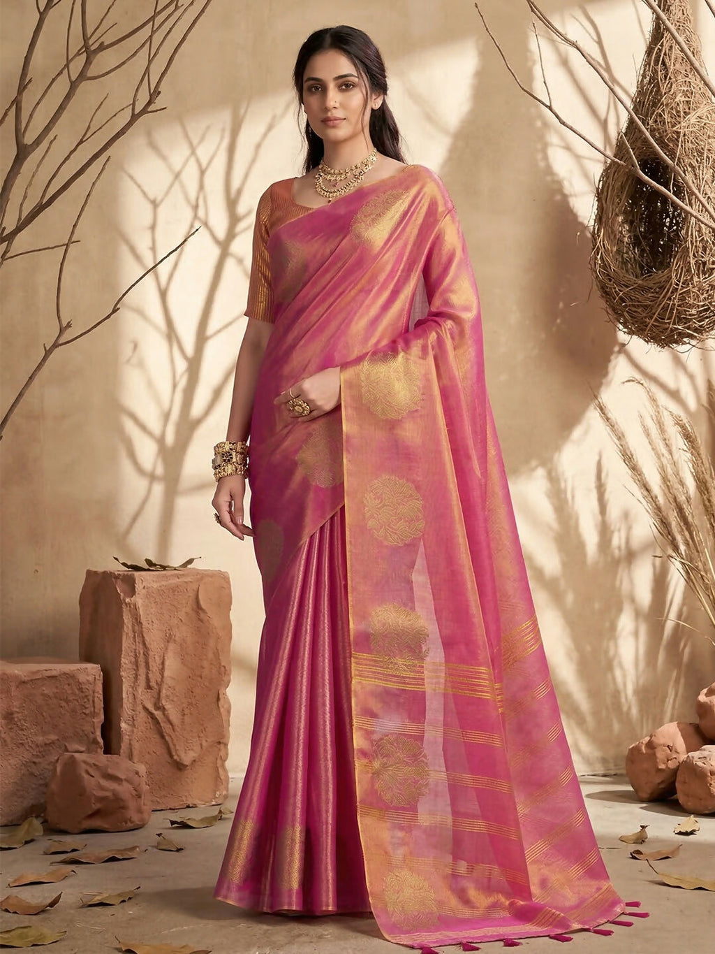 Wine colored tissue silk saree with elegant drape