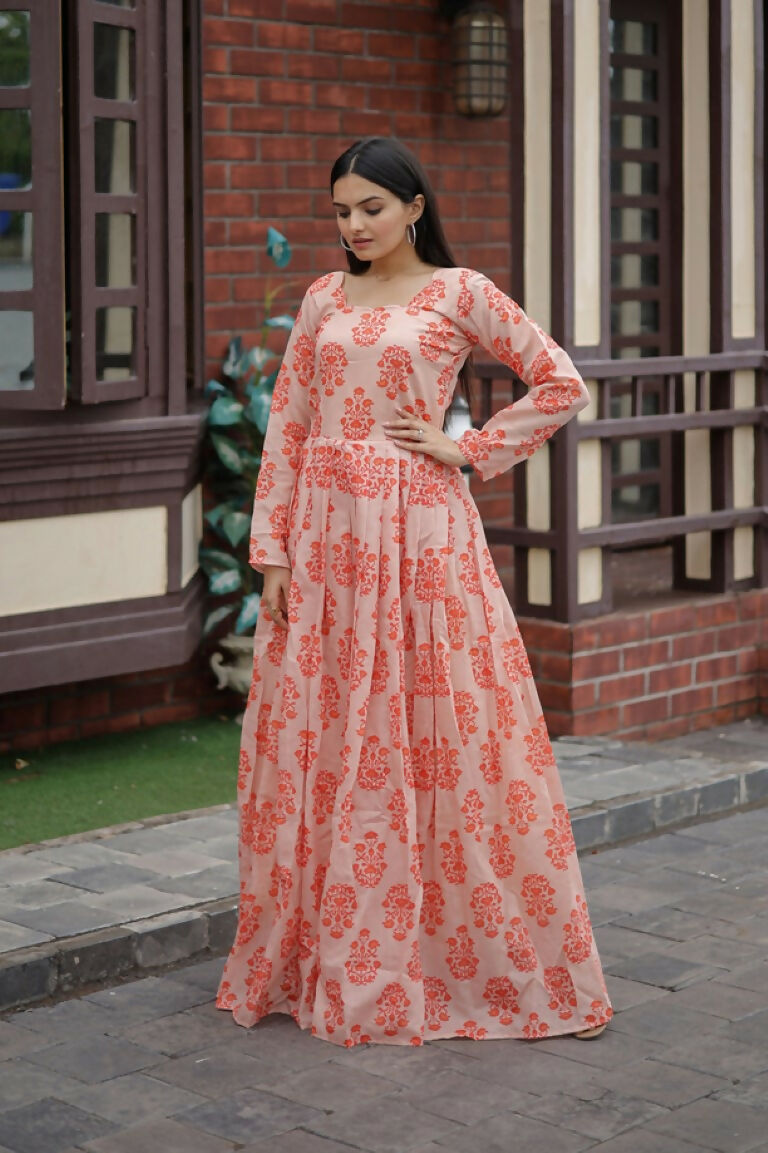 Peach Pure Chanderi Heavy Digital Printed Anarkali Floor Dress