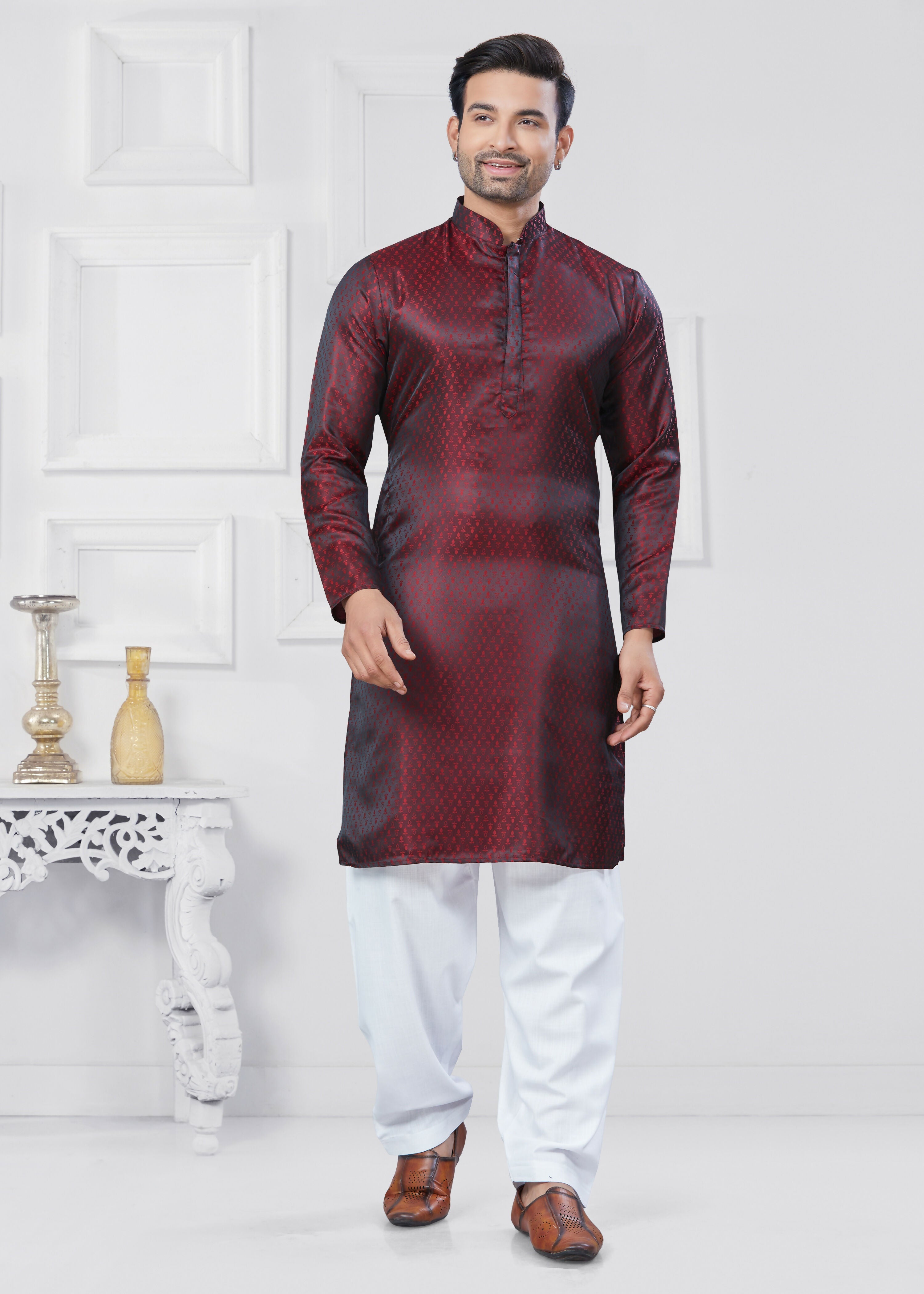 Men's Marron Jacquard Silk Kurta Pyjama Set - Traditional Ethnic