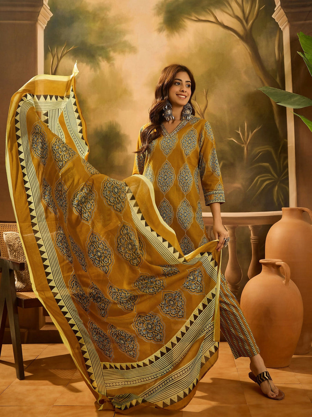 Mustard Printed Pure Cotton Kurta Set for Women