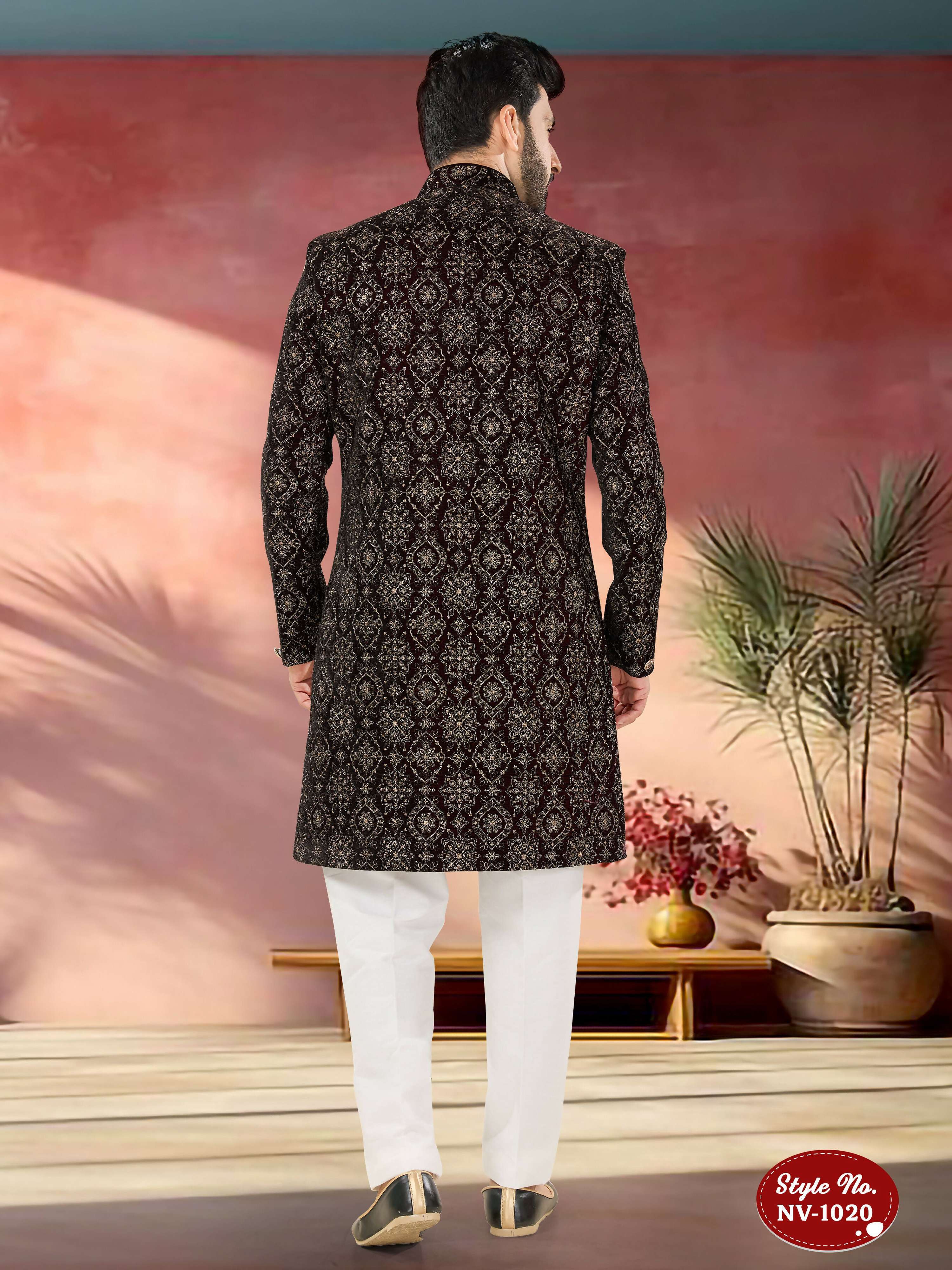 Men's Marron Velvet Indo-Western Kurta Set with Thread Sequence Work