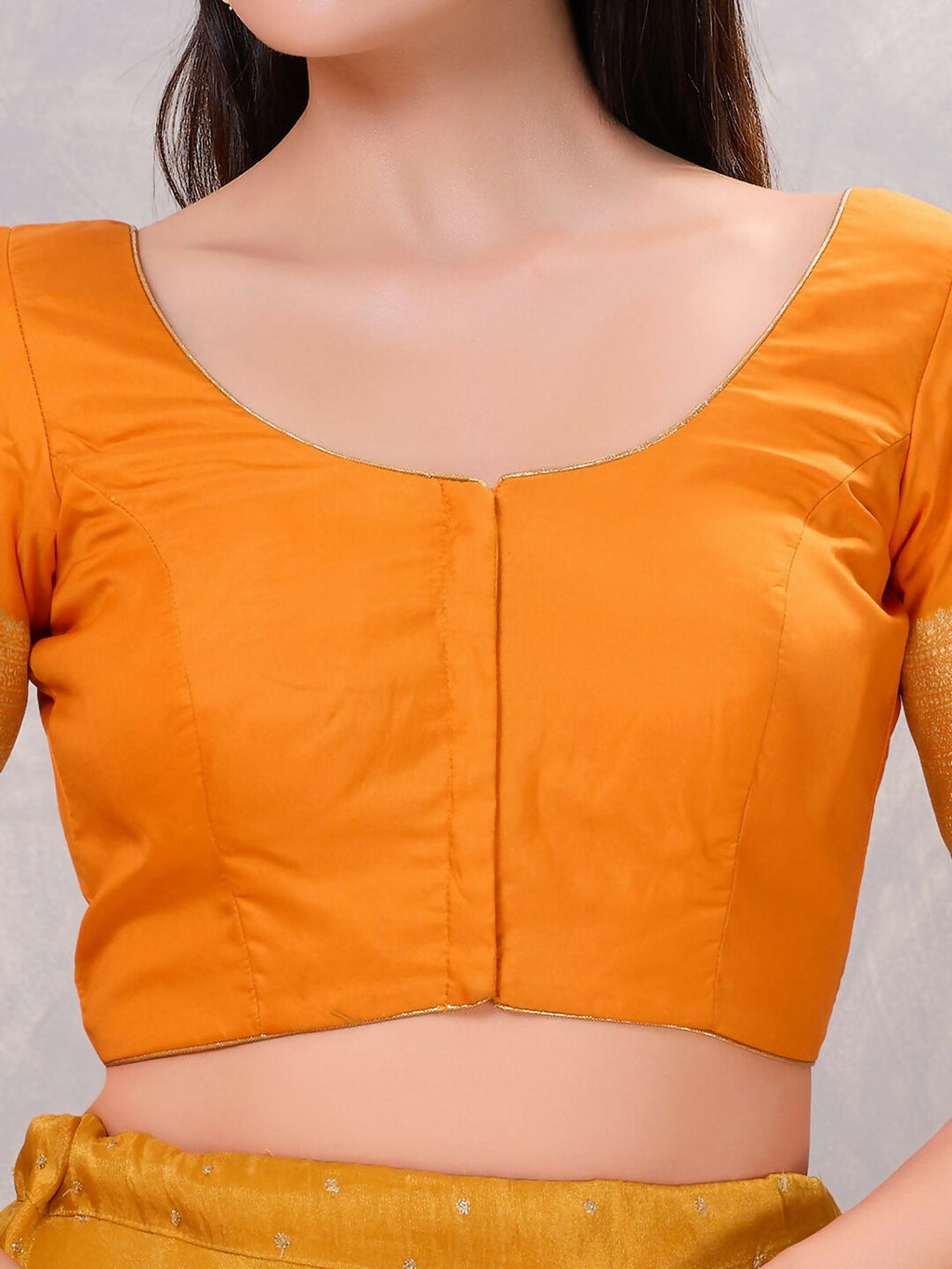 Women's Mustard Silk Stitched Blouse – Elegant Round Neck