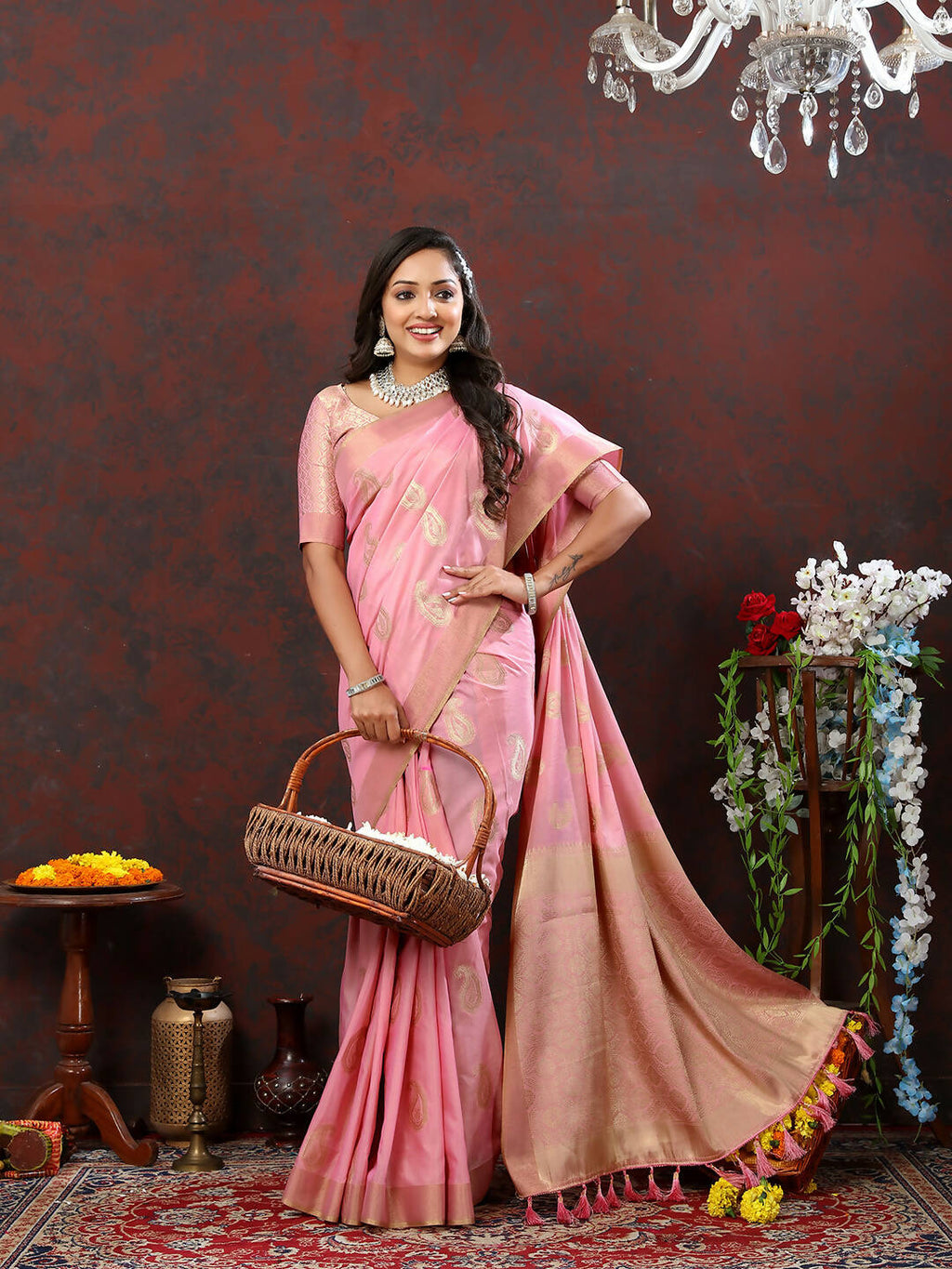Pink Cotton Saree with Traditional Zari Woven Design and Silk Blouse