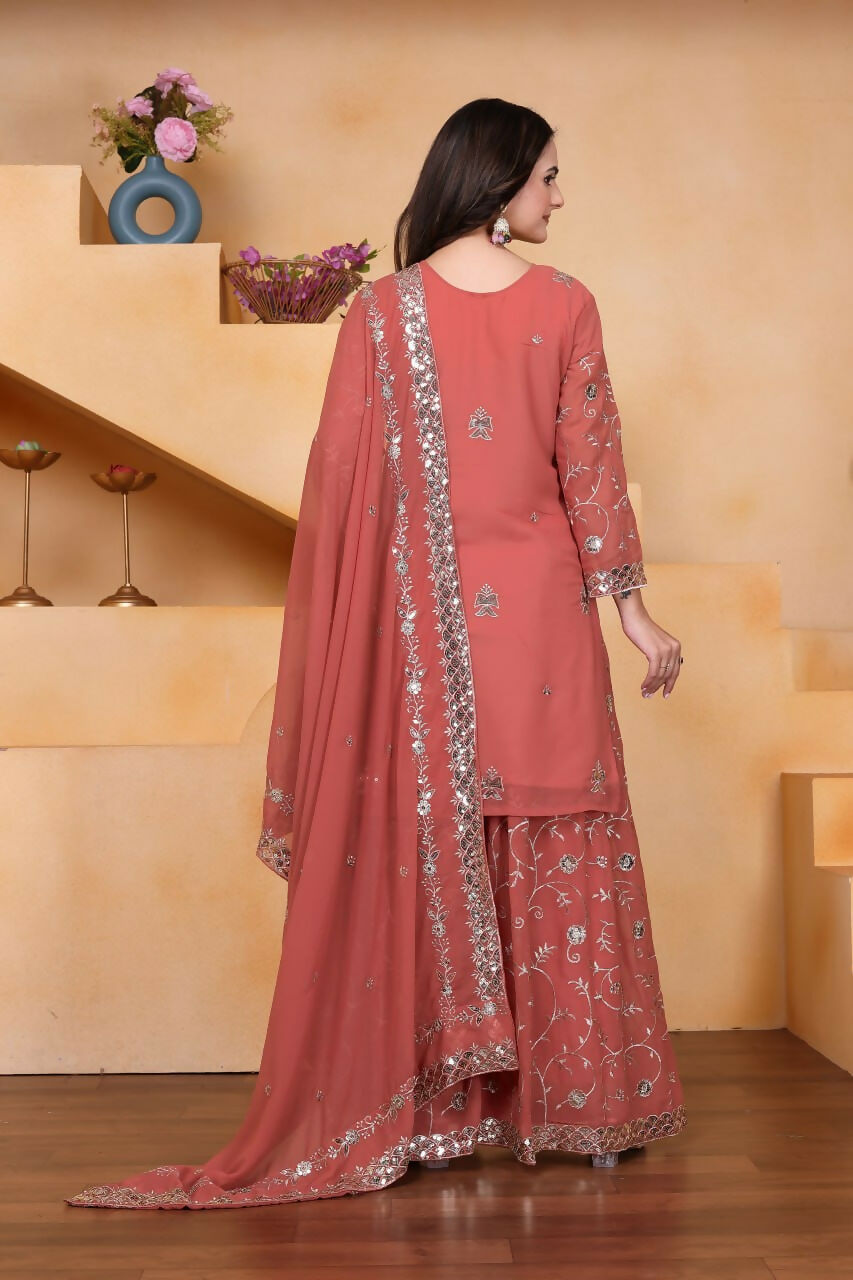 Pink Georgette Embroidered Sharara Set with Kurti