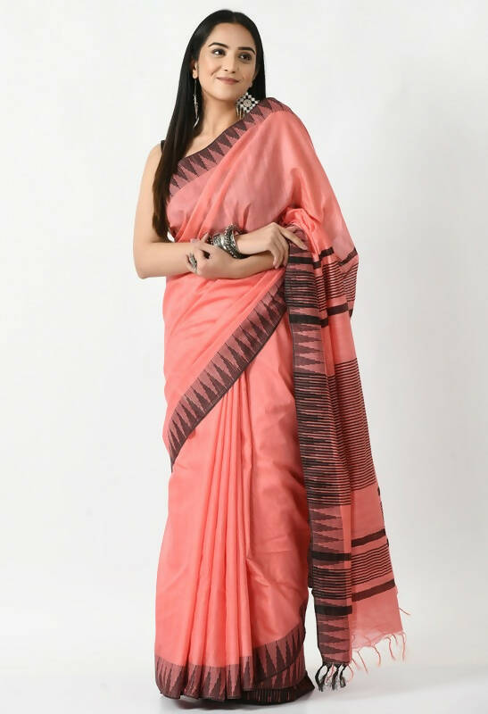 Gajari Pink Bhagalpuri Silk Saree with Black Temple Border