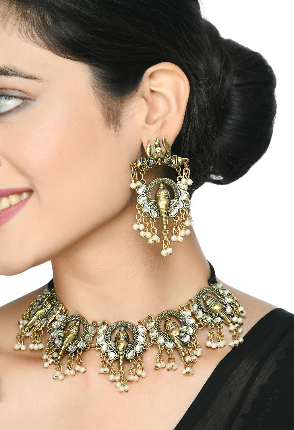 Gold-Polished Ganesha Design Choker Set Oxidised Finish