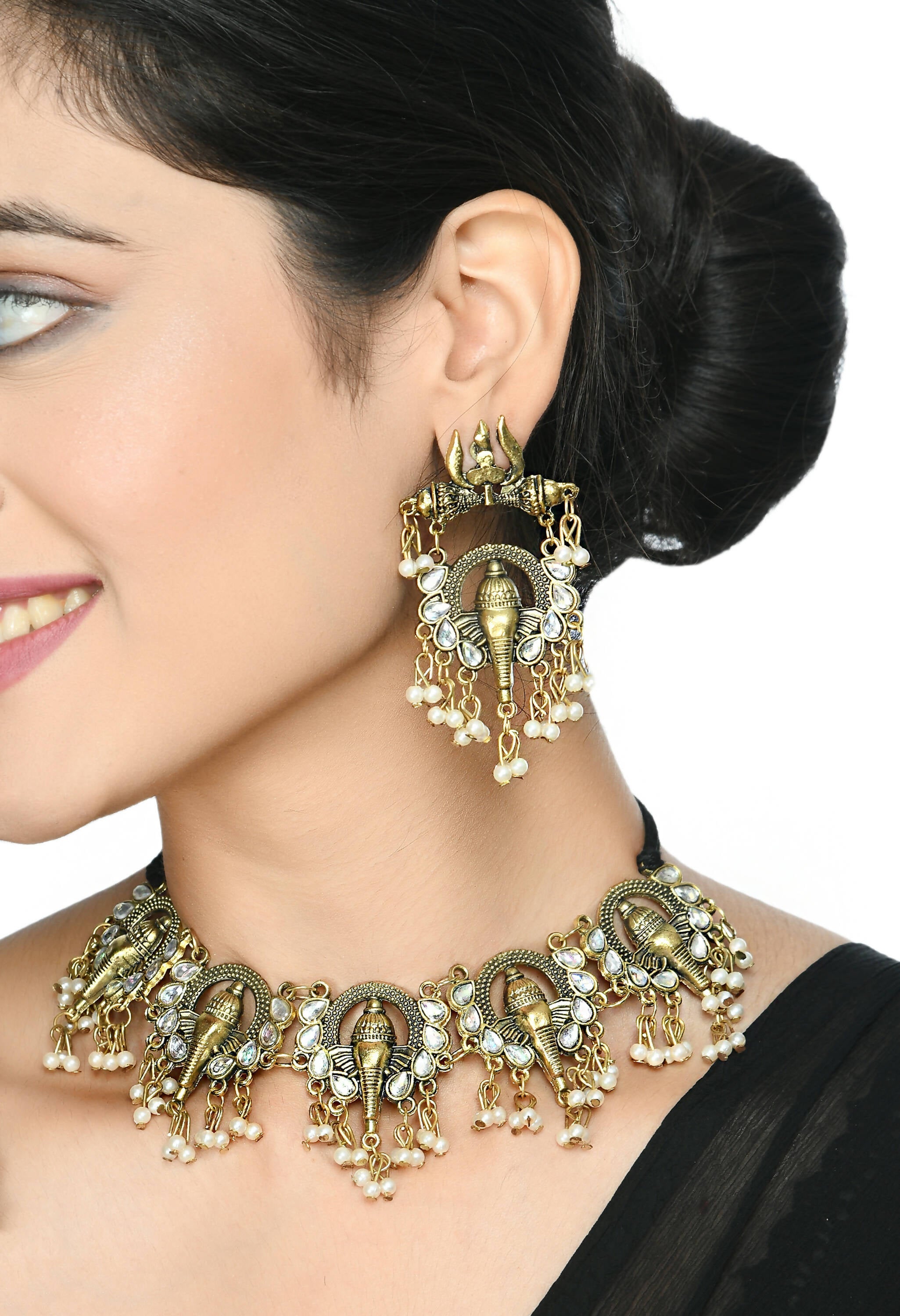Gold-Polished Ganesha Design Choker Set Oxidised Finish