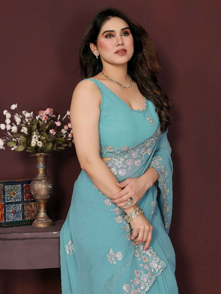 Turquoise Georgette Embroidered Saree with Matching Blouse