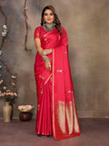 Brick Red Satin Silk Banarasi Saree with floral and botanical motifs