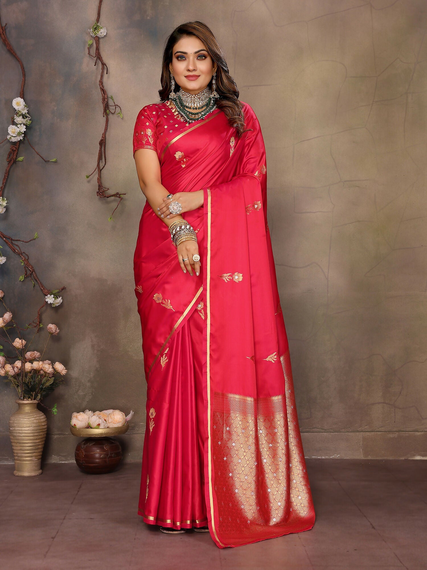 Brick Red Satin Silk Banarasi Saree with floral and botanical motifs
