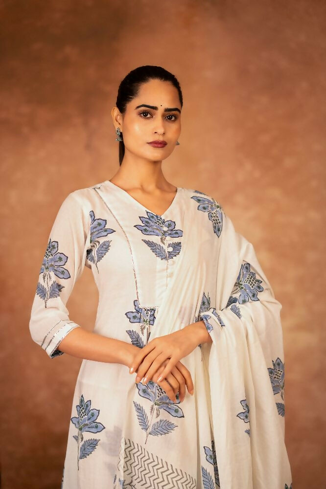 Off White and Blue Hand Block Printed Cotton Suit Set