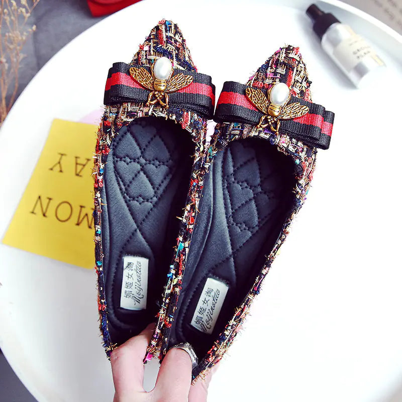 Women's Tweed Pointed Toe Flats with Bee and Bow Detail - Image 30