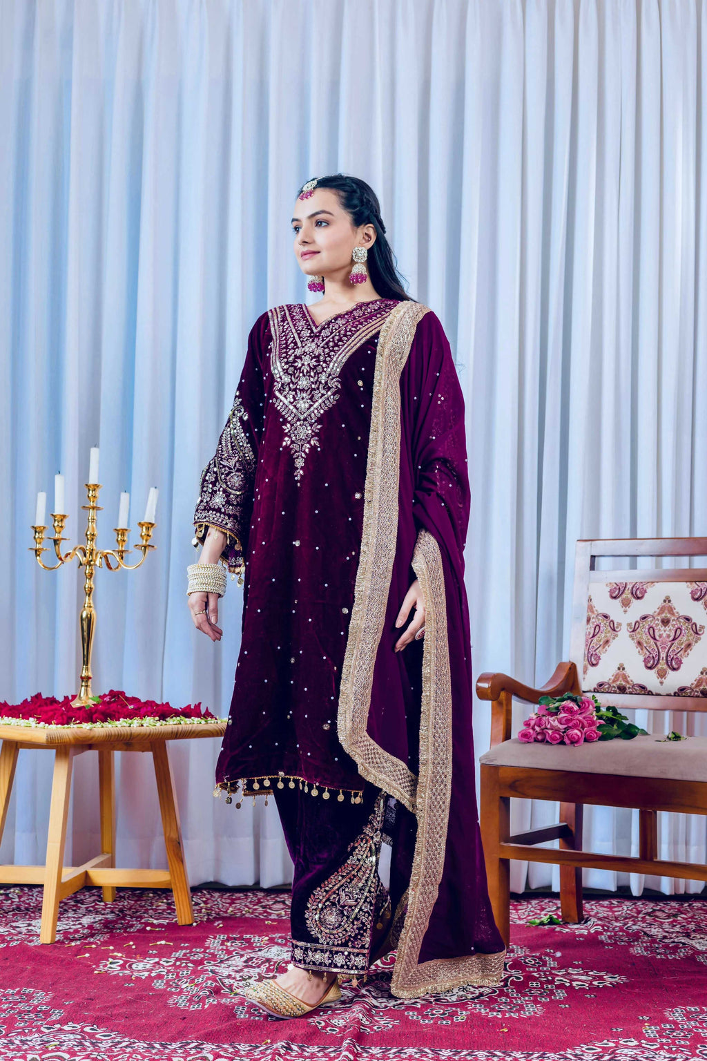 Deep Plum velvet kurta set with embroidery detailing