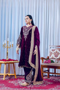 Deep Plum velvet kurta set with embroidery detailing